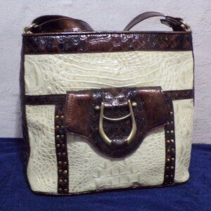 Madi Claire Mock Croc Leather Metallic Bronze Brown Satchel Handbag Pocket Purse